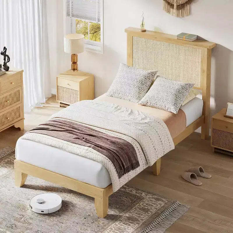 DobleePy Twin Size Square Rattan & Wood Platform Bed Frame, Natural Rattan Headboard, No Box Spring Needed, Easy Assembly