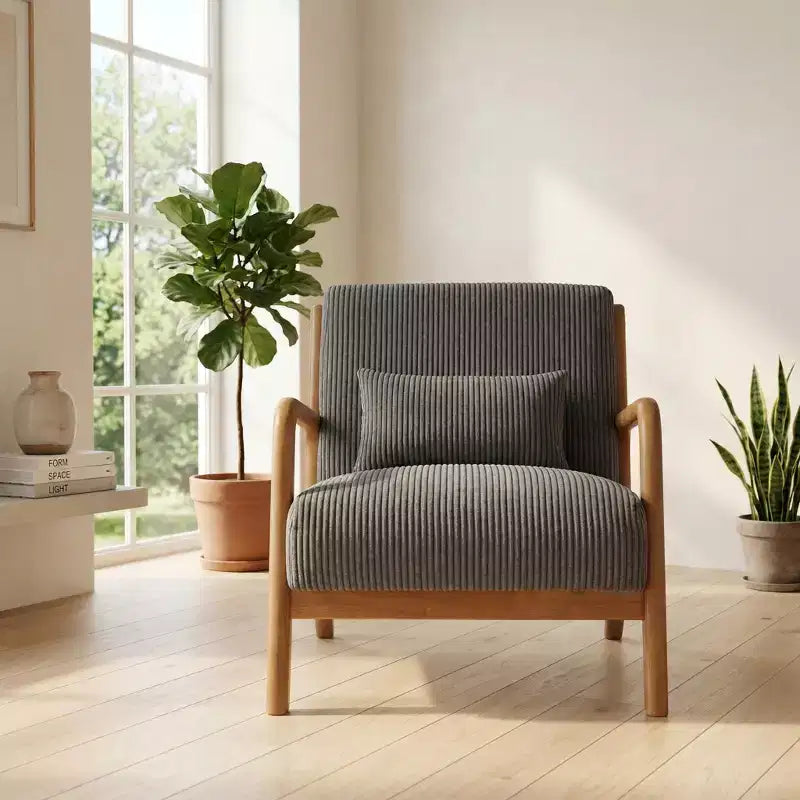 FurnitureR Corduroy Accent Chair with Solid Wood Frame, Upholstered Lounge Armchair with Pillow, Mid Century Reading Chair for Living Room Bedroom