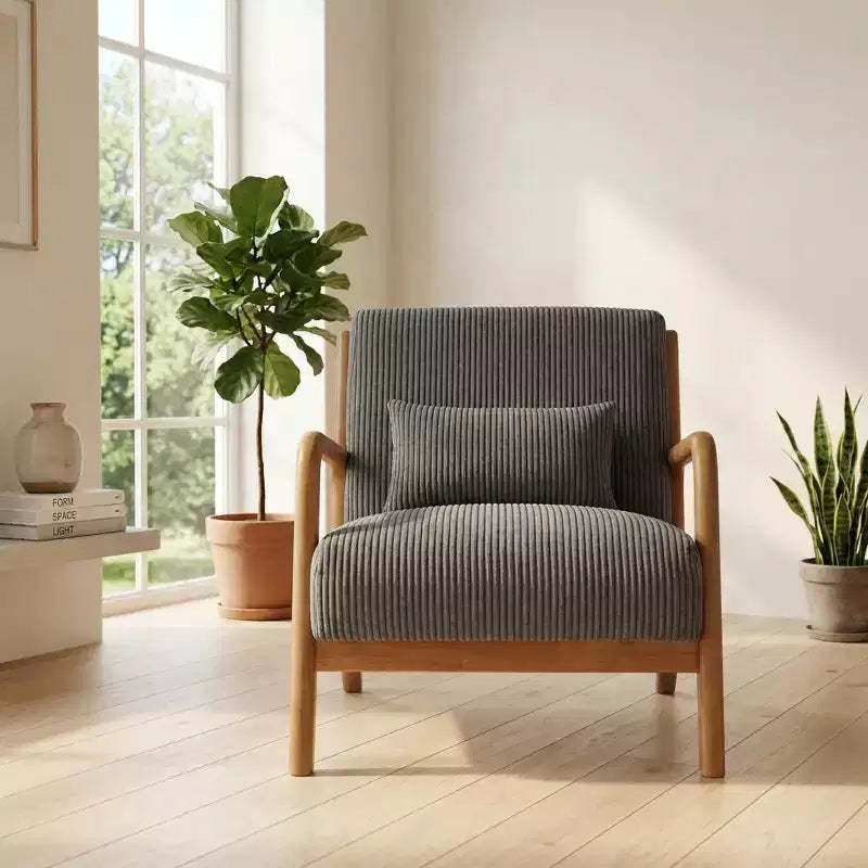 FurnitureR Corduroy Accent Chair with Solid Wood Frame, Upholstered Lounge Armchair with Pillow, Mid Century Reading Chair for Living Room Bedroom