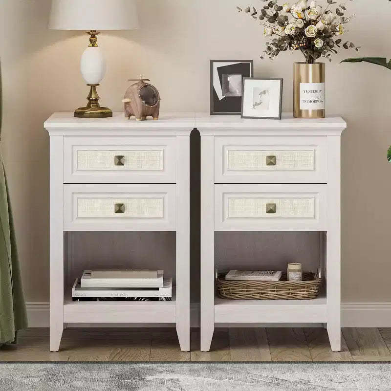 Grayish White Rattan Nightstand Set of 2, 27 Tall Boho Bedside Table with Drawer, Bedroom End Table, Small Space Storage