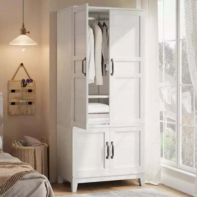72 in Tall Wooden Armoire Wardrobe Closet with 4 Doors, Hanging Rod and Adjustable Shelves, Freestanding Clothing Storage Cabinet for Bedroom