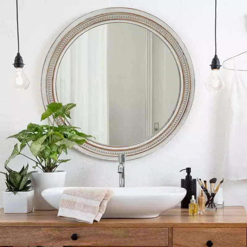 GDFStudio Willowcrest 23.6 Round Vintage Farmhouse Wall Mirror with Beaded Wood Frame