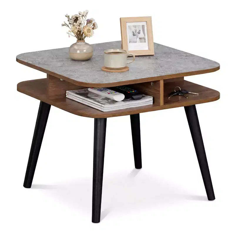 Costway 1/2 PCS Faux Marble End Table with Storage Shelves & Rubber Wood Legs for Living Room Gray, Walnut & Black