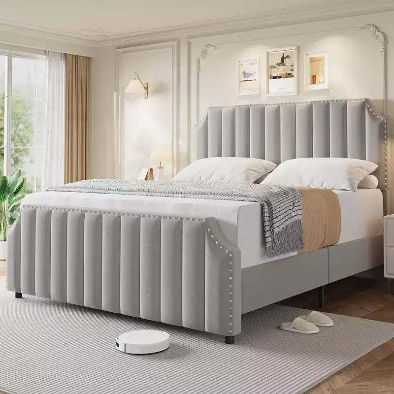 Queen Upholstered Platform Bed Frame with Headboard & Footboard, Wood Slats, No Box Spring Needed, Black Flannel/Light Gray