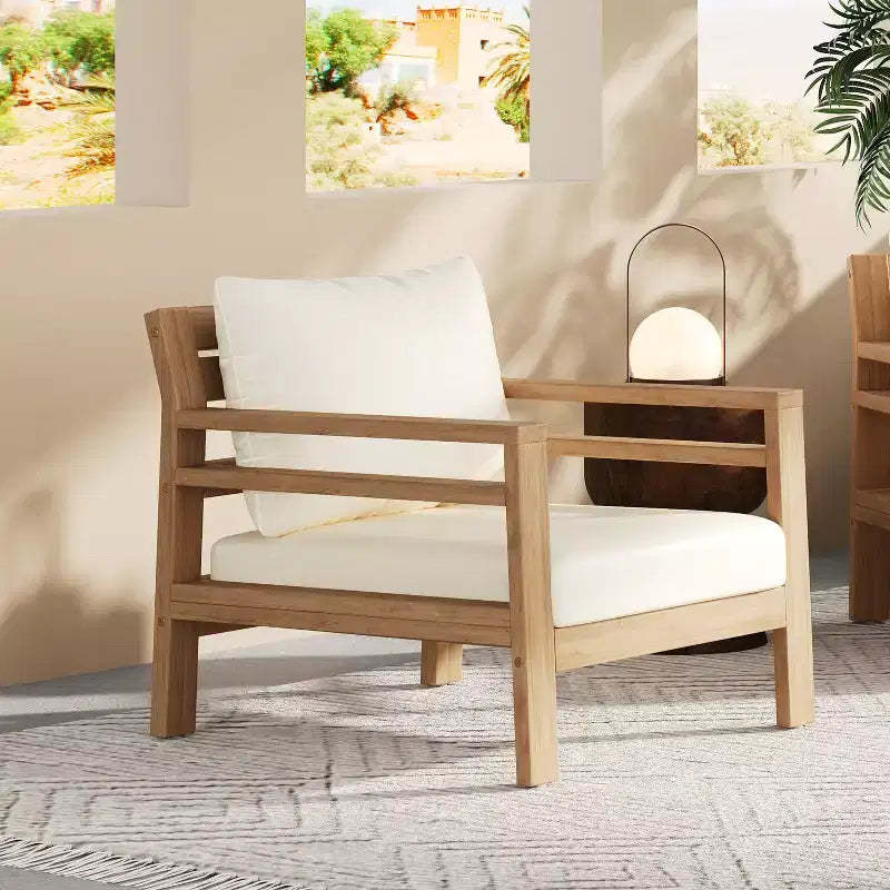 ModernLuxe Outdoor Acacia Wood Patio Chair, Farmhouse Armchair with Water-Resistant Cushions for Garden, Balcony, Backyard, Light Teak+Beige