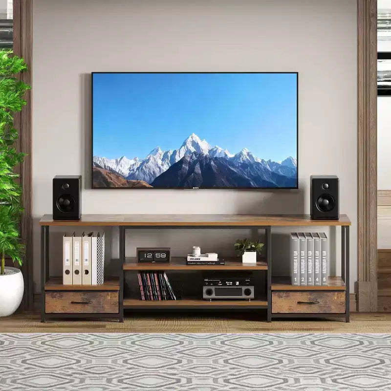 JIONJOY Rustic Brown TV Stand with Power Outlets - 2 Fabric Drawers, Adjustable Shelves, 110 lbs Capacity, Entertainment Center for TVs
