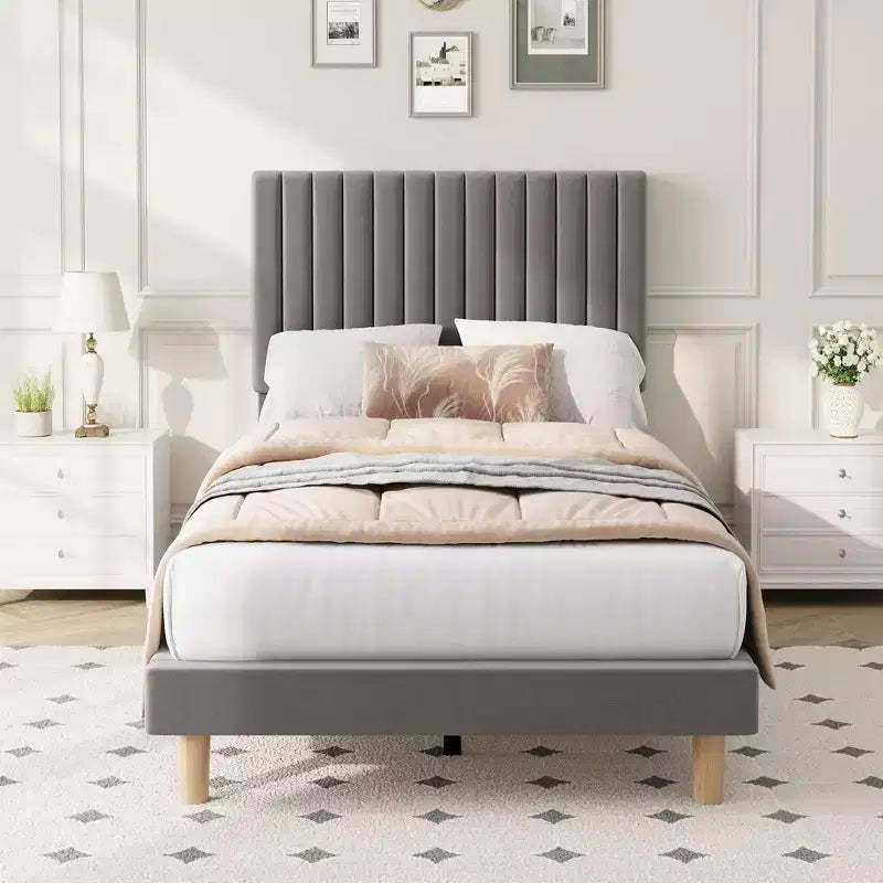 COZONY Velvet Upholstered Platform Bed Frame with Adjustable Headboard, Wood Slats Support, No Box Spring Needed, Easy Assembly