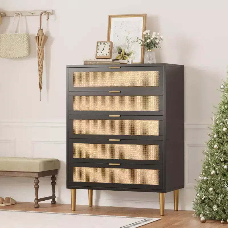 Acekool Rattan 5 Drawer Dresser with Gold Legs Tall Chest for Bedroom & Living Room