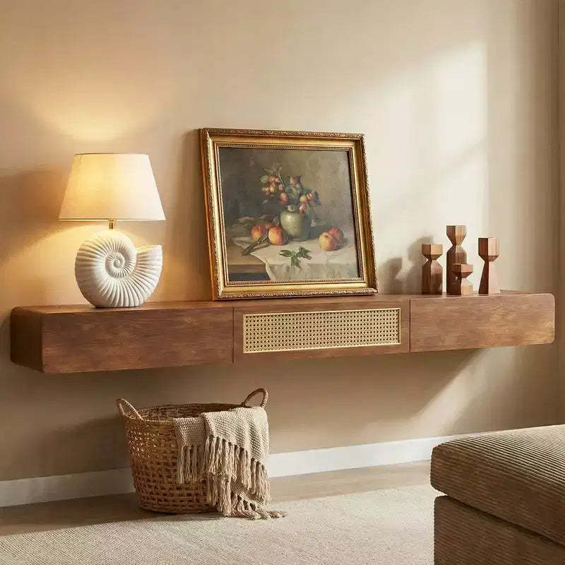 Luck Live Farmhouse 78.74 Inch Floating TV Stand Wall Mounted Media Console with Rattan Door and Drawer Walnut Color