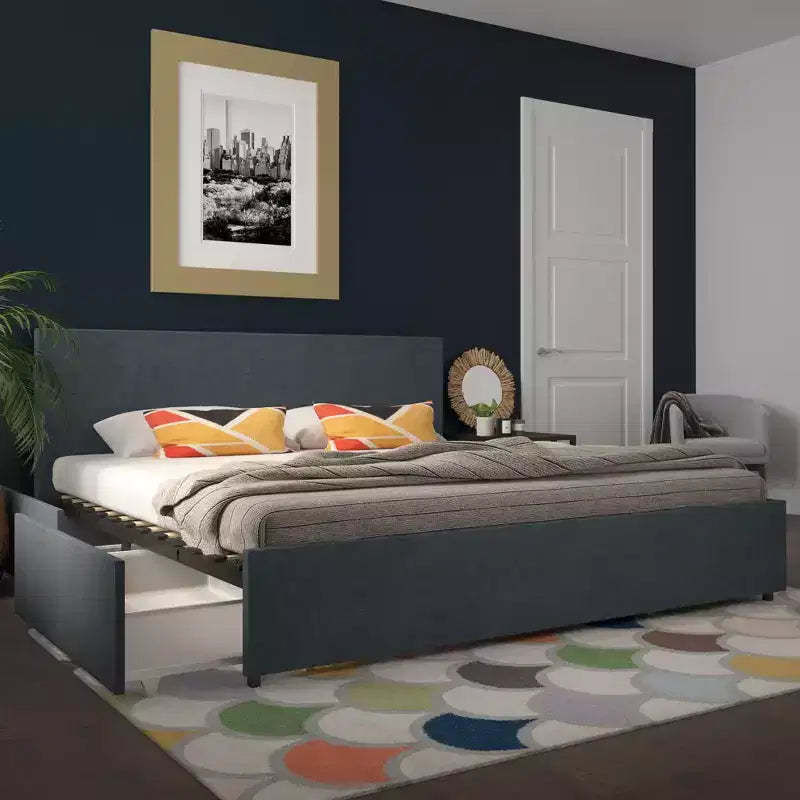 GDFStudio Everleigh Linen Upholstered Platform Bed with 4 Storage Drawers