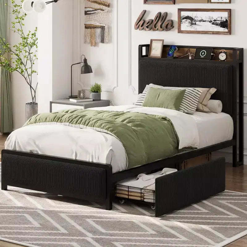 Upholstered Platform Bed Frame with Storage Headboard, No Box Spring Needed, Noise Free