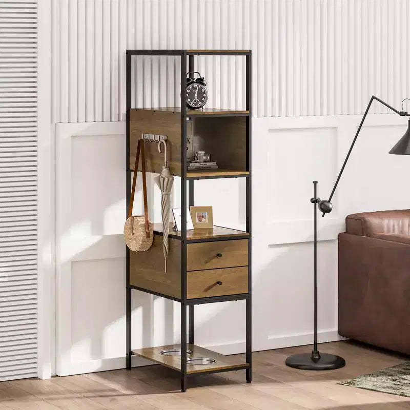 Industrial Bookshelf, Standing Display Shelf with 2 Dog Bowls, Metal and Wood Bookshelf, Dog Feeder Station with Shelves, Brown