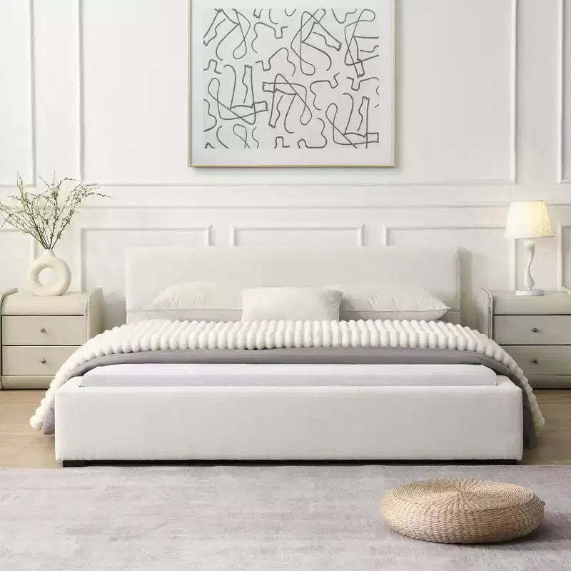 Queen/King Size Upholstered Platform Bed Frame Elegant Minimalist Bed with Headboard, Beige - ModernLuxe