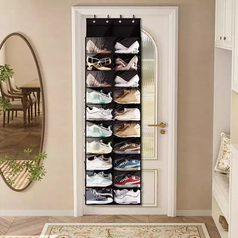 Over The Door Shoe Organizer, 10-Tier Hanging Shoe Rack with 20 Large Pockets and 4 Metal Hooks, Oxford Fabric Shoe Holder for Closet Door Storage