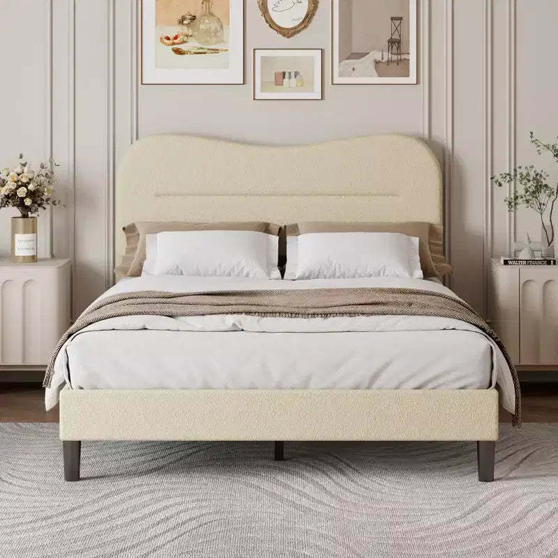 Full Size Upholstered Bed Frame Soft Marshmallow Cloud Headboard Beige Teddy Boucle Fabric Platform Bed Frame No Box Spring Needed Noise Free Design