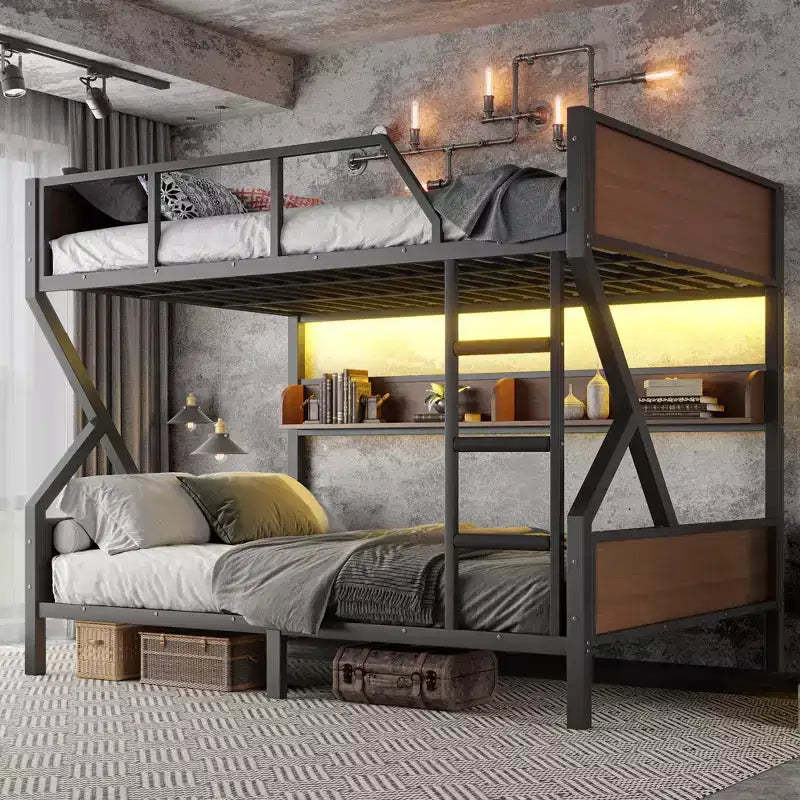 Bellemave Queen over Queen Metal Bunk Bed with Storage Shelves & LED Light, Heavy-Duty Bunk Bed Frame with Guardrails & Ladder, Noise-Free, Black