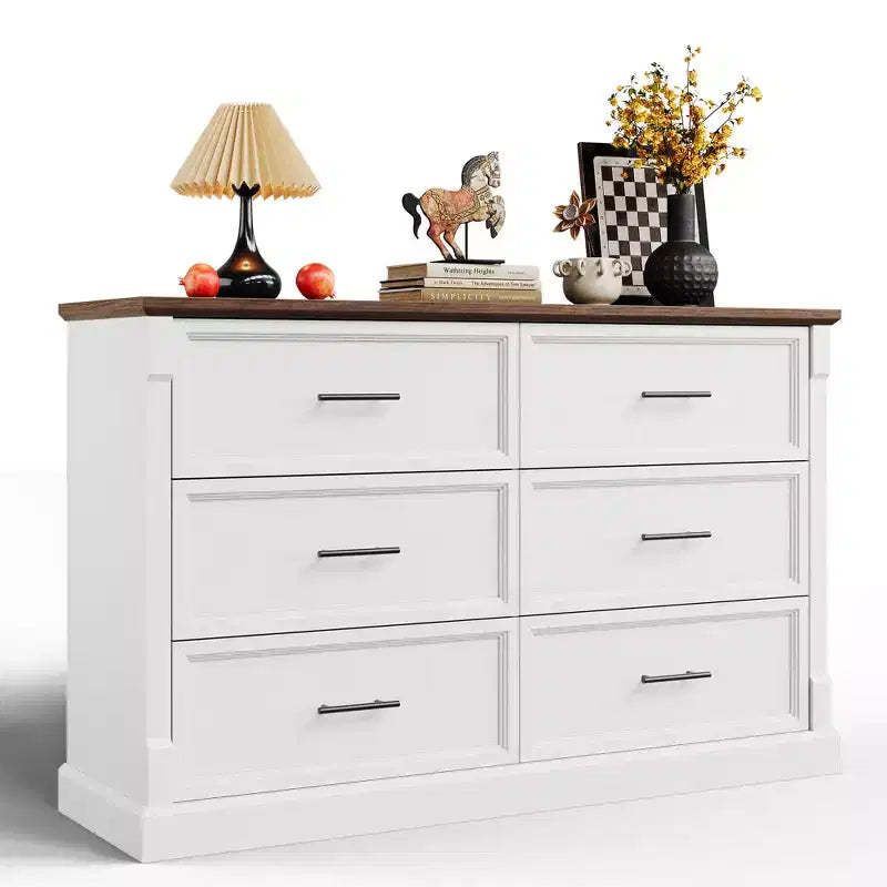 Farmhouse 6 Drawer Dresser, Wood Chest of Drawers, Modern Double Dresser Storage Cabinet, for Bedroom, Living Room