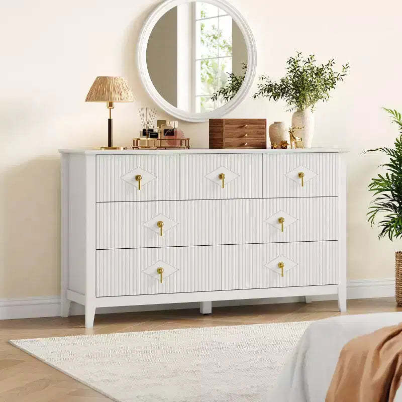 54 Wide Modern Fluted Chest of Drawers, 7 Drawers Wooden Dresser with Metal Handle, Storage Organizer for Bedroom, Living Room & Hallway