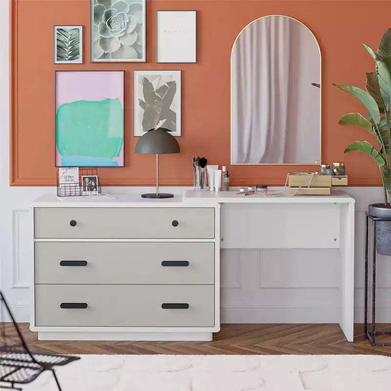 GDFStudio Valencia 3 Drawer Wood Dresser Desk Combo with Storage