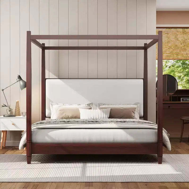 GDFStudio Reyes Canopy Platform Bed with Upholstery Headboard and Wooden Slat Support Legs