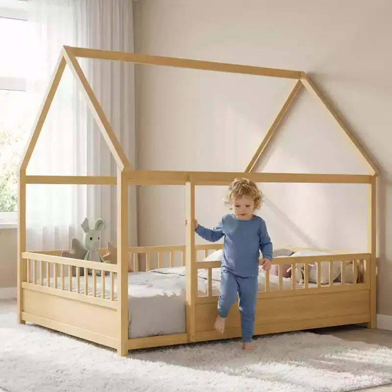 Kids Montessori House Floor Bed Frame with Roof & Safety Guardrails  Full Size Solid Pine Wood Kids Bed, Natural Finish