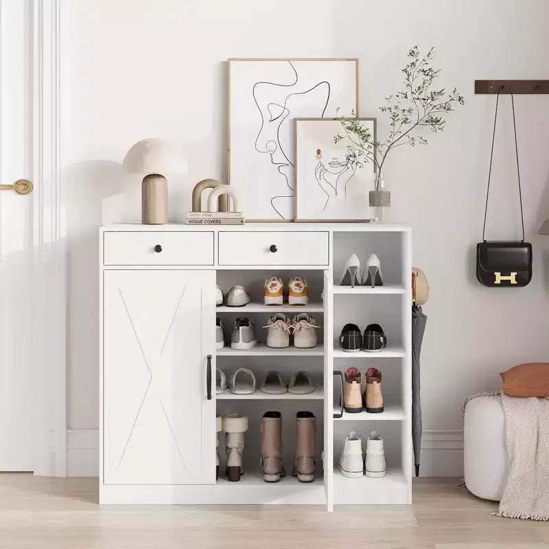 Shoe Storage Cabinet with Modern Farmhouse Design - 6 Adjustable Shelves, 2 Drawers, Freestanding Entryway Cabinet