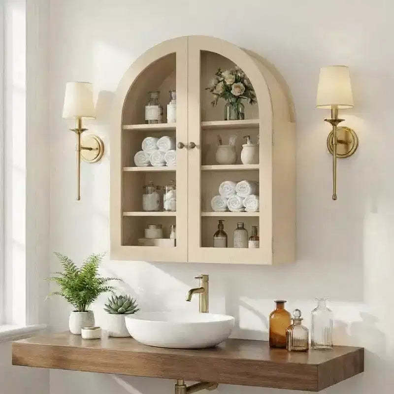 Modern Arched Wall Mounted Medicine Cabinet, Adjustable Shelves, Modern Wood Storage, for Kitchen, Living Room