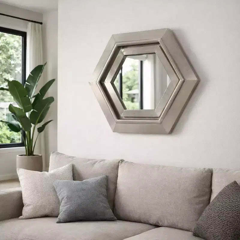 Modern Metal Hexagon Wall Mirror for Bedroom and Living Room Decor - Accent Mirrors for Wall, Hallway, Entryway or Bathroom - 20, Silver & Metallic