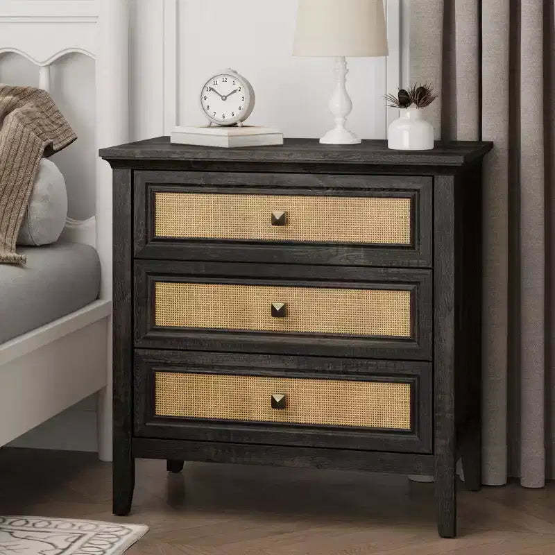 3 Drawer Rattan Dresser, Farmhouse Wood Chest of Drawers, Dark Oak