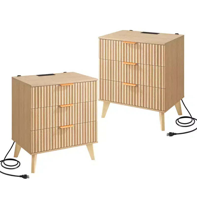 VEVOR Fluted Nightstands with Charging Station, Set of 2, Dresser for Bedroom with 3 Drawers, Mid Century Modern End Table, Chest of Dresser, Brown