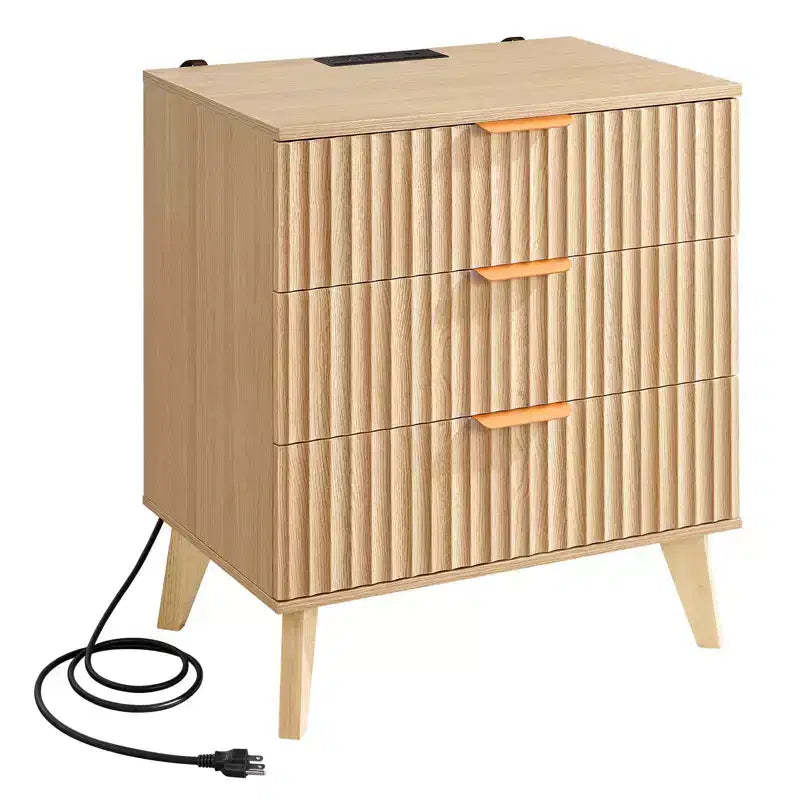 VEVOR Fluted Nightstand with Charging Station, with 3 Drawers, Dresser for Bedroom, Mid Century Modern End Table, Chest of Dresser, Brown