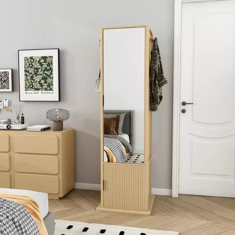 360 Rotating Coat Rack Freestanding Bookshelf Hall Tree Makeup Jewelry Cabinet Storage Cabinet with Full-length Mirror, Hooks, Open Shelf -ModernLuxe