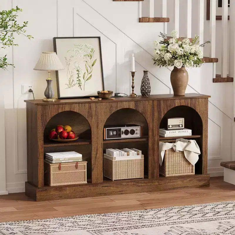 63 In Modern Arched TV Stand with Power Outlets USB Ports 3-Tier Rustic Brown Media Console Charging Station for Entryway Living Room TV Up to 70 In