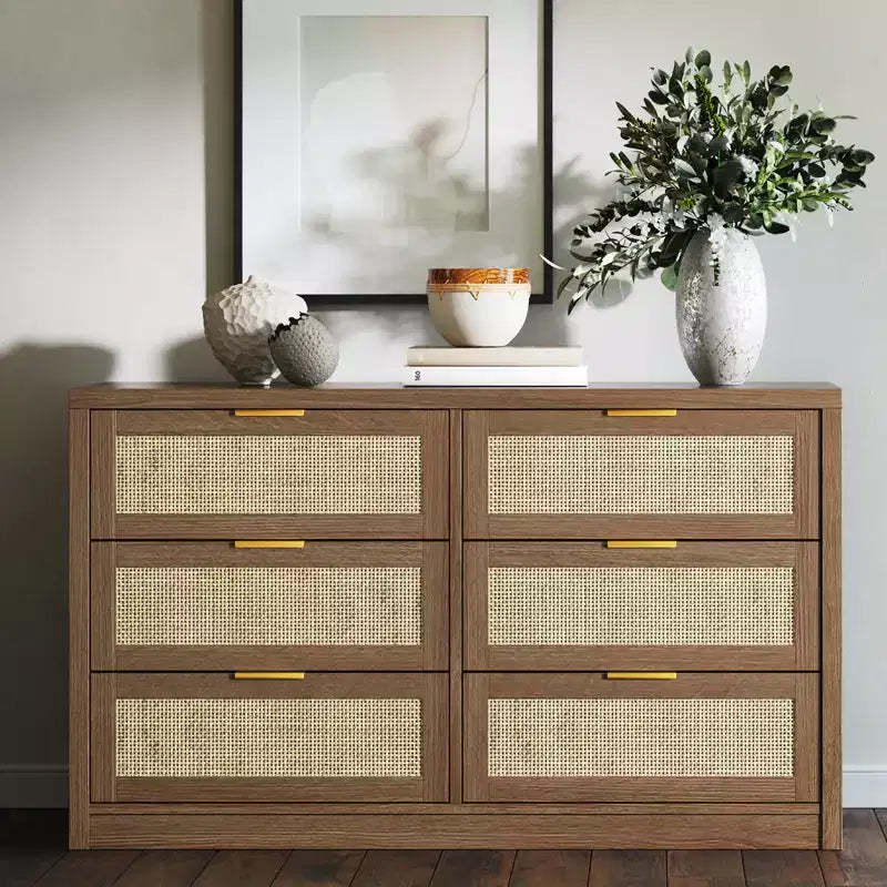 53 Rattan 6-Drawer Dresser  Arched Cabinet. Deep Storage. hard Wood Frame  Light Wood. for Bedroom or Living Room