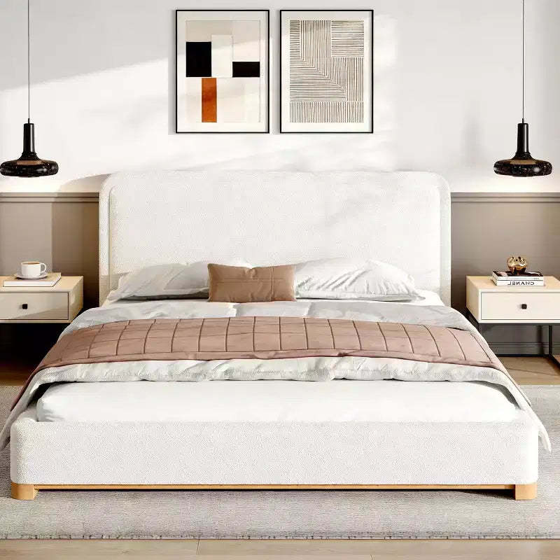 ModernLuxe Queen/King Size Platform Bed Frame, Modern Mid-Century Upholstered Bed with Curved Headboard & Rubberwood Base, White