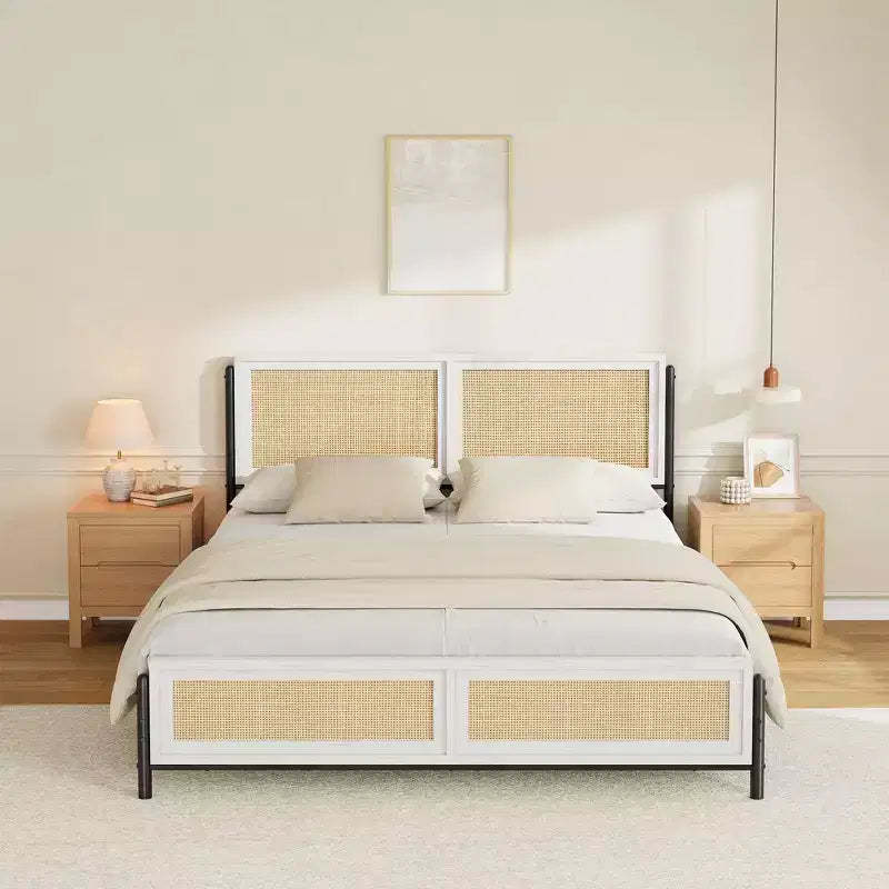 Queen Size Boho Rattan Bed Frame, Natural Rattan Headboard & Footboard, Metal Slats, Underbed Storage, Noise-Free, No Box Spring Needed