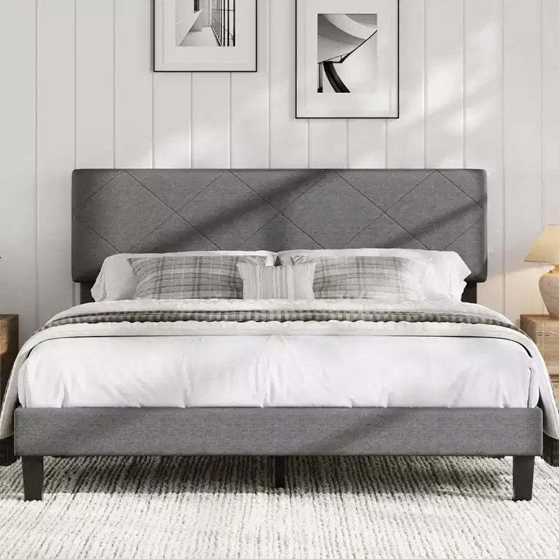Bed Frame with Upholstered Headboard, Wooden Slats Support, Easy Assembly Mattress Foundation, No Box Spring Needed & Noise Free, Dark Grey