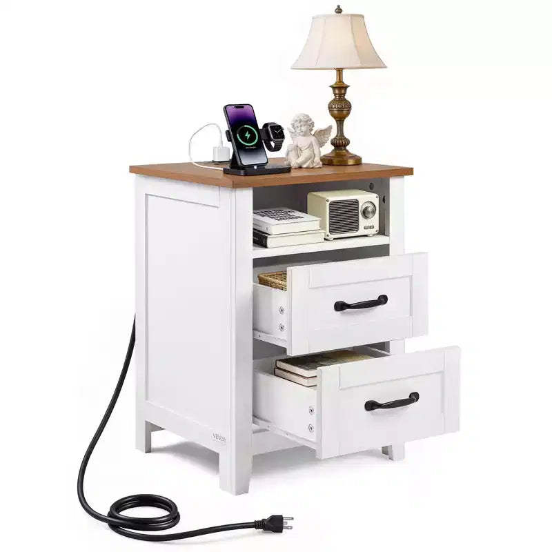Farmhouse Nightstand, with Charging Station, End Table with 2 Drawers and Open Shelf, Bedside Storage Cabinet