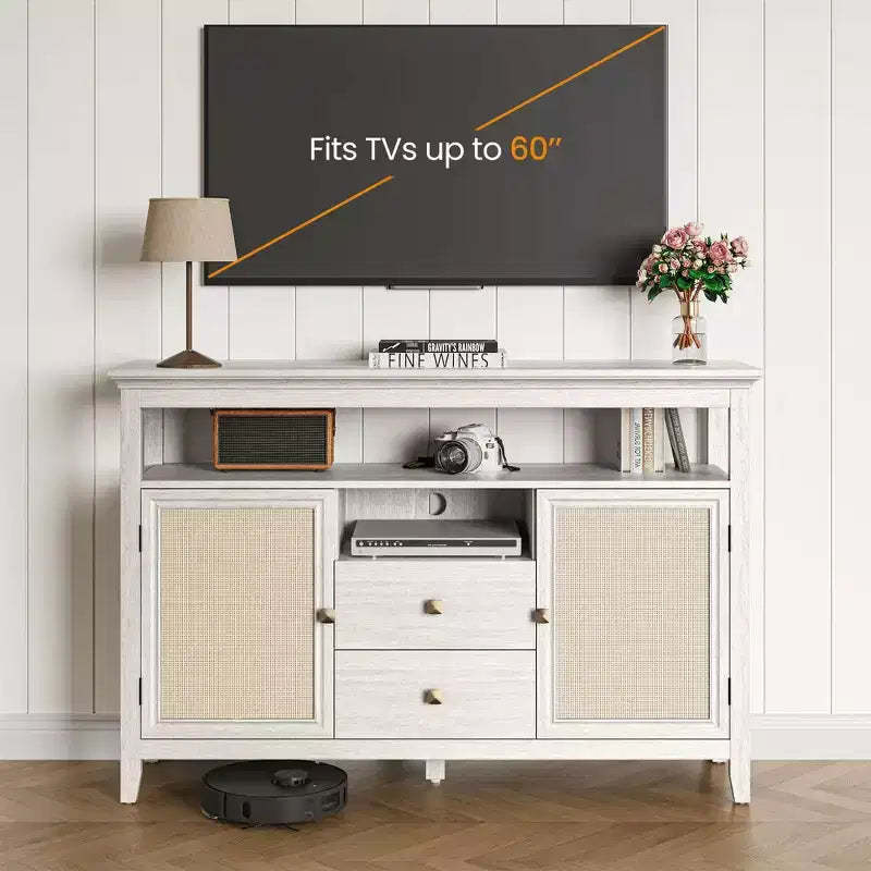 Farmhouse Rattan Storage Cabinet, Doors & Drawers, Adjustable Shelves, Off-White