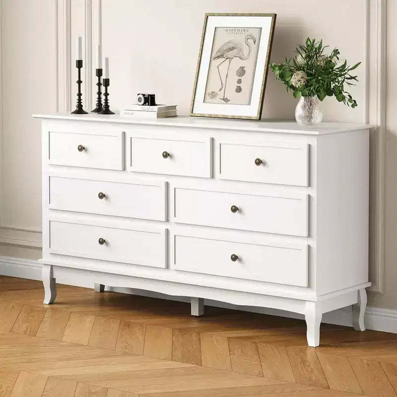 Modern 7-Drawer Sideboard, White Buffet Cabinet with Wood Legs