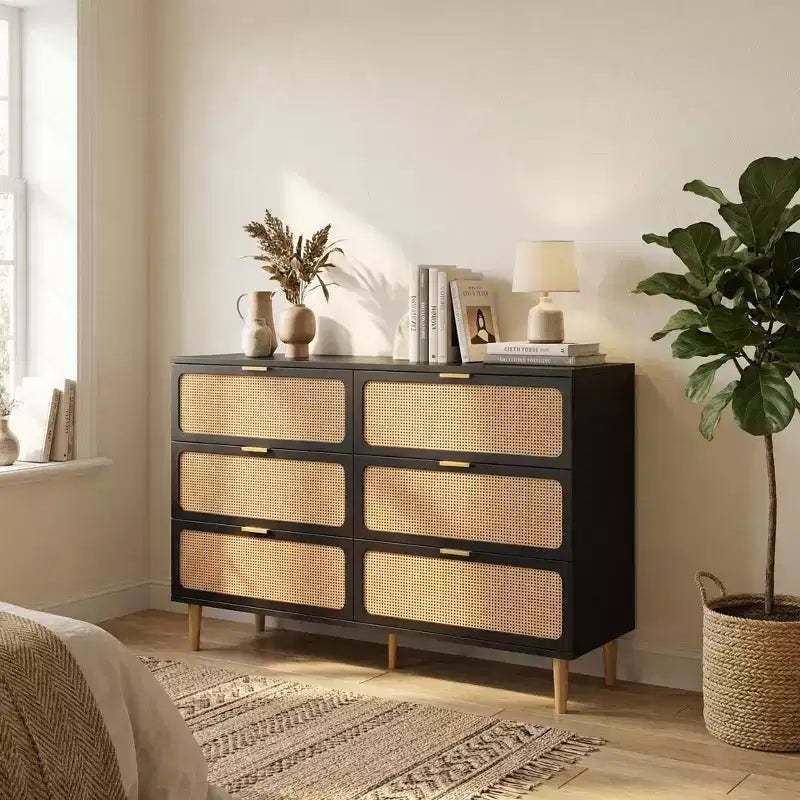Rattan Dresser with 6 Drawers, Tall Wooden Chest with Wide Top for Bedroom, Living Room, Hallway, Black