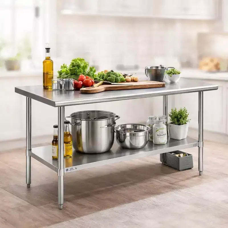 Heavy-Duty 60x30 Stainless Steel Work Table with Adjustable Shelf, NSF Certified, 520lb Capacity, Easy-Clean Surface for Commercial & Home Kitchens