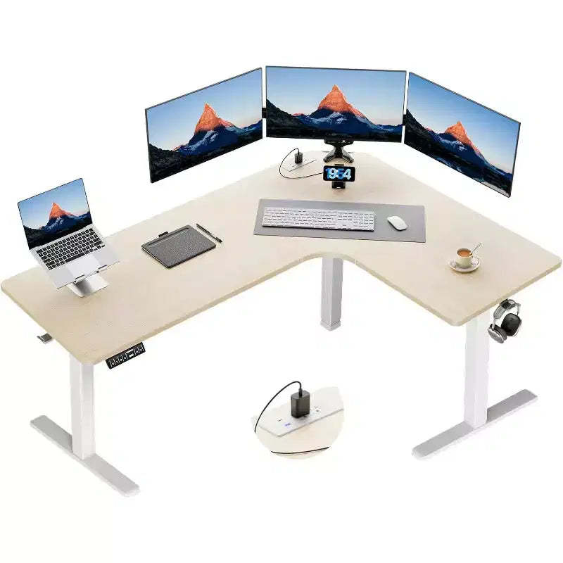 HUANUO 63 In Dual Motor L-Shaped Standing Desk, Built-in Power Outlets, Electric Height Adjustable Corner Computer Desk, Sit Stand Up Desk