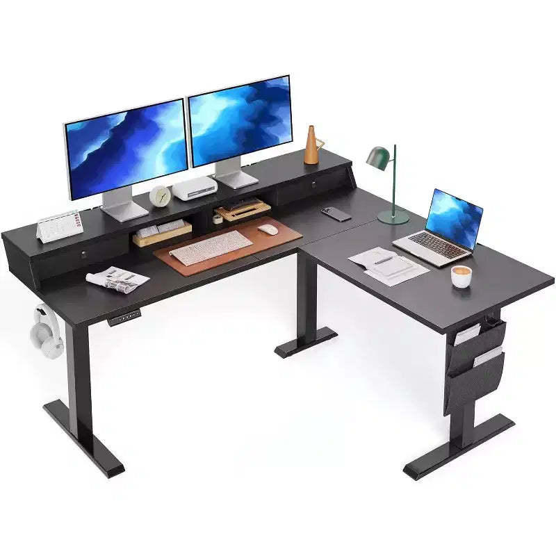L Shaped Electric Standing Desk, 63 Ergonomic Corner Height Adjustable Desk with Drawers, Sit Stand Computer Table with Storage for Work Office Home