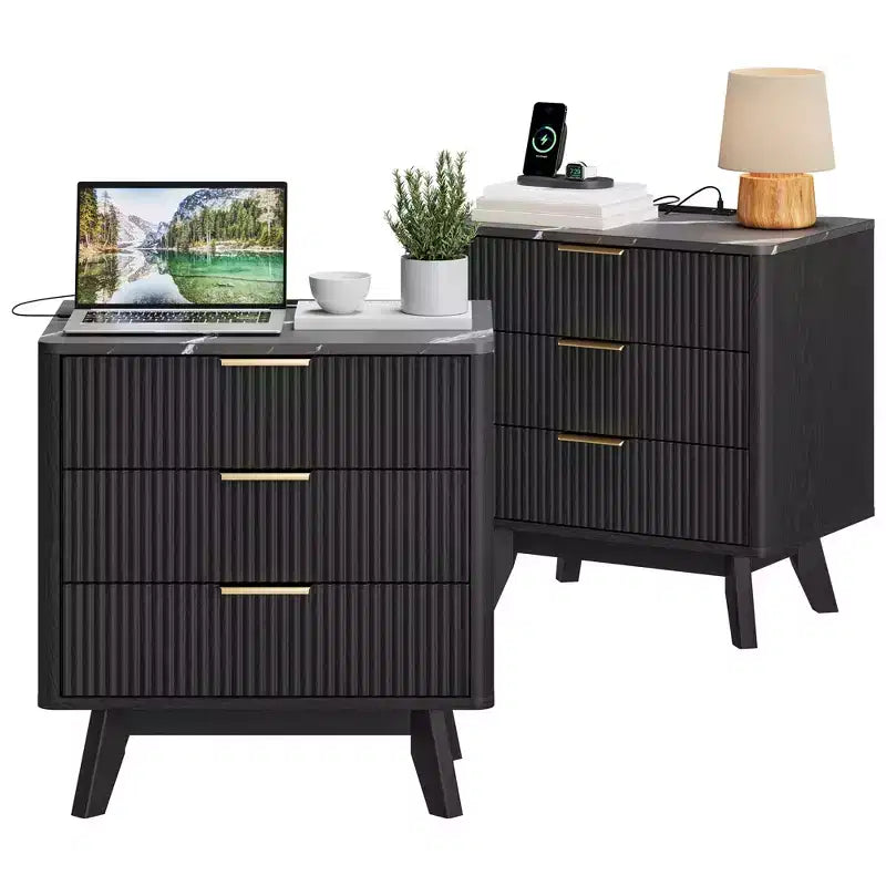 Set of 2 Nightstand, 24 Wide 3-Drawer Black Wave Pattern Night Stand with Charging Station, Modern Bedside Table for Bedroom/Living Room