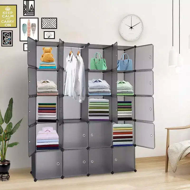 Karl Home 20-Cube Modular Closet Wardrobe with 1 Hanging Rod, 5-Tier DIY Plastic Storage Organizer Grey
