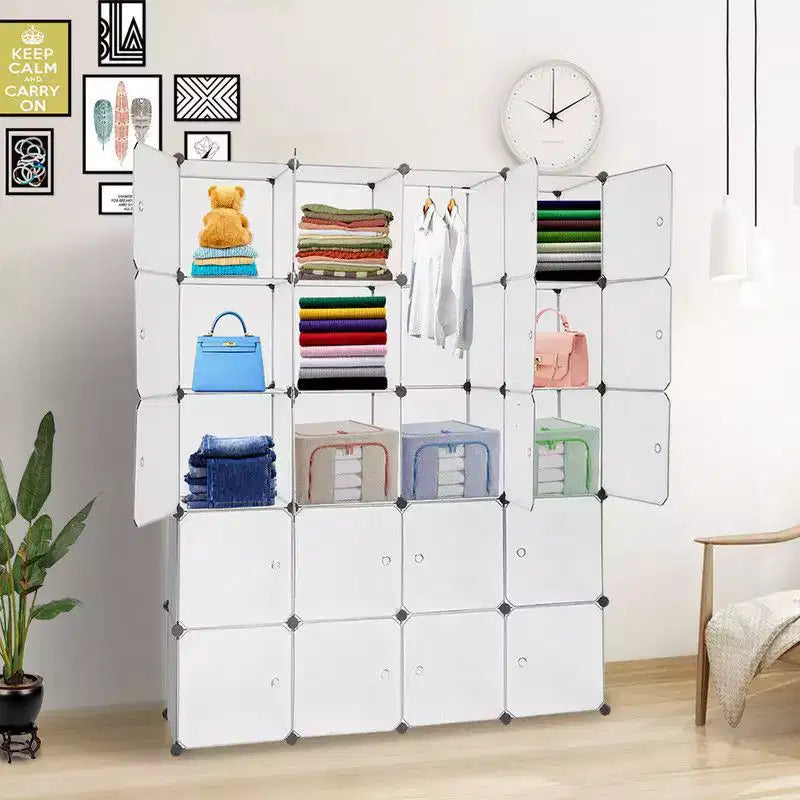 Karl Home 20-Cube Modular Closet Wardrobe with 1 Hanging Rod, 5-Tier DIY Plastic Storage Organizer White