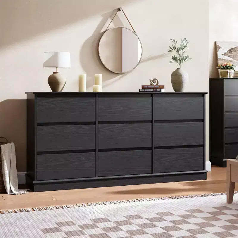 9-Drawer Black Wood Dresser, Horizontal Chest with Deep Drawers & Wide Top, Double Storage for Bedroom, Kids Room, Closet, Living Room