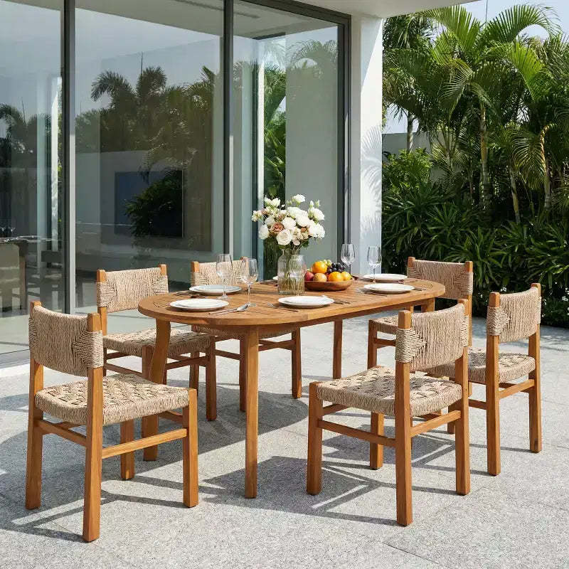 Christopher Knight Home Elian Farmhouse 7 Piece Outdoor Acacia Wood Woven Wicker Dining Set