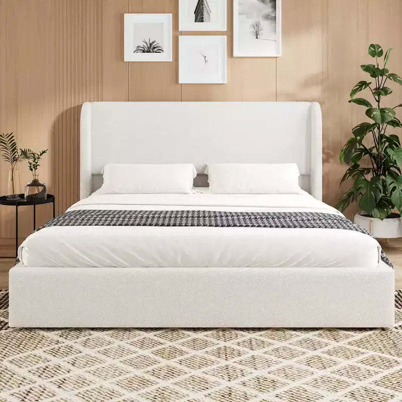 GDFStudio Tracy Boucle Upholstered Wingback Bed Frame with Headboard, Metal Legs and Slats